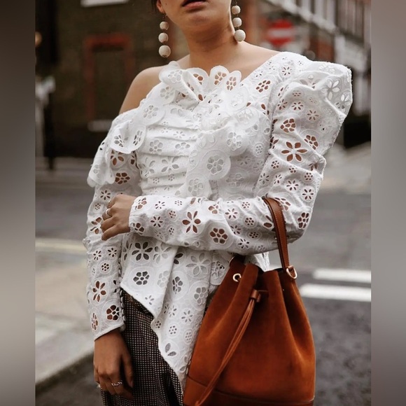 SELF-PORTRAIT White Asymmetric Floral Embroidered Eyelet Broderie Top Sz 0 - Picture 3 of 16